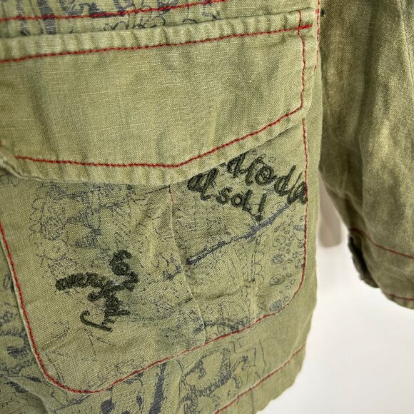 Desigual Embroidered Distressed Green Hooded Jacket Sz M Eclectic Edgy Artsy - Picture 15 of 16